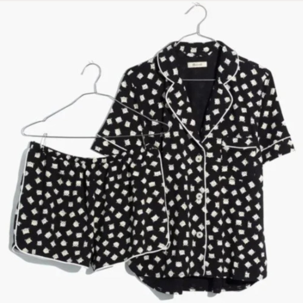 Madewell Black + White Knit Bedtime Cat Person Top & Bottom Pajama Sleep Set L